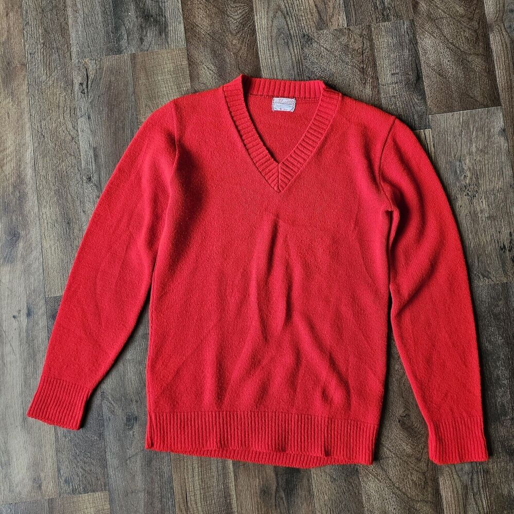 Vintage 70s Marvin Red V-Neck Sweater Grandpa Collegiate EUC Acrylic Made In USA